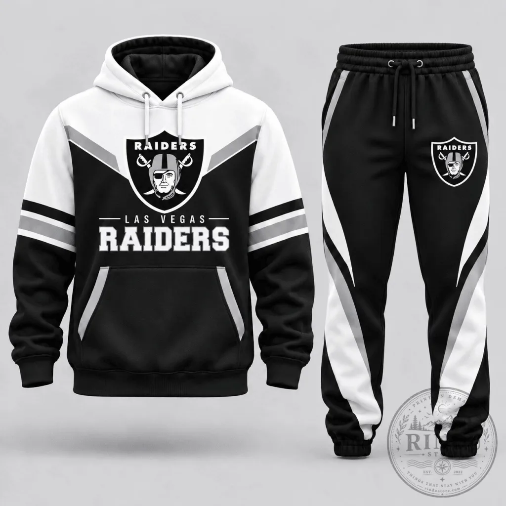 Las Vegas Raiders Football Team Black and White Hoodie and Jogger Set Las Vegas Raiders Football Team Black and White Hoodie and Jogger Set