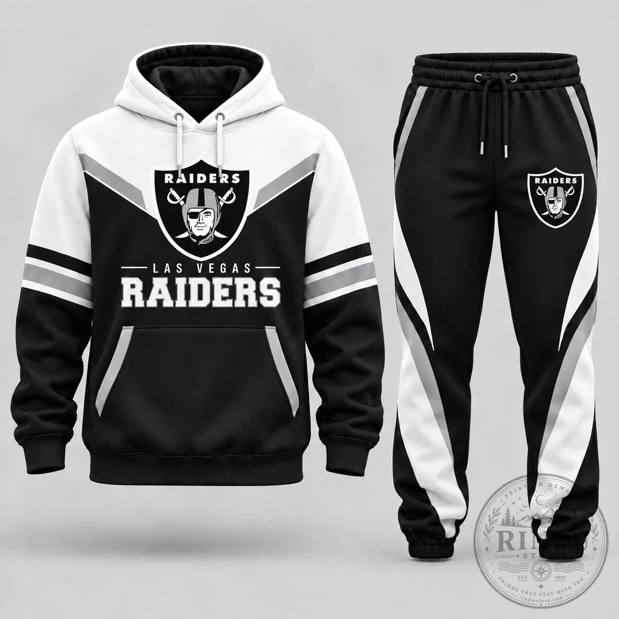 Las Vegas Raiders Football Team Black and White Hoodie and Jogger Set
