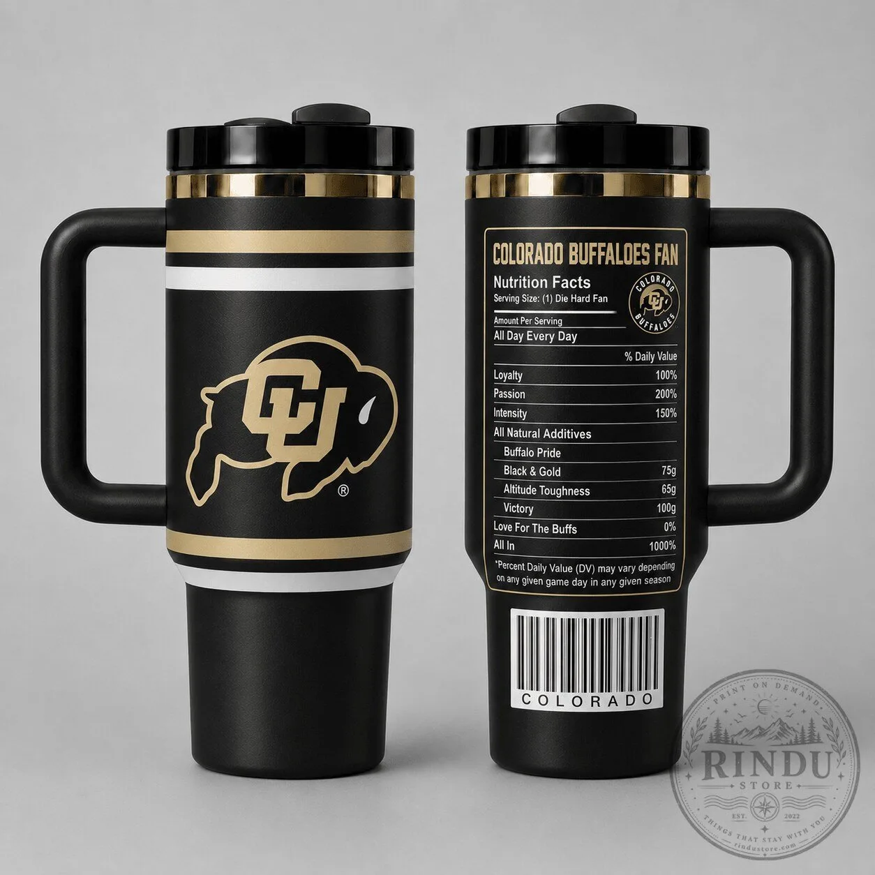 Colorado Buffaloes Fan Nutrition Facts Black and Gold Insulated Tumbler
