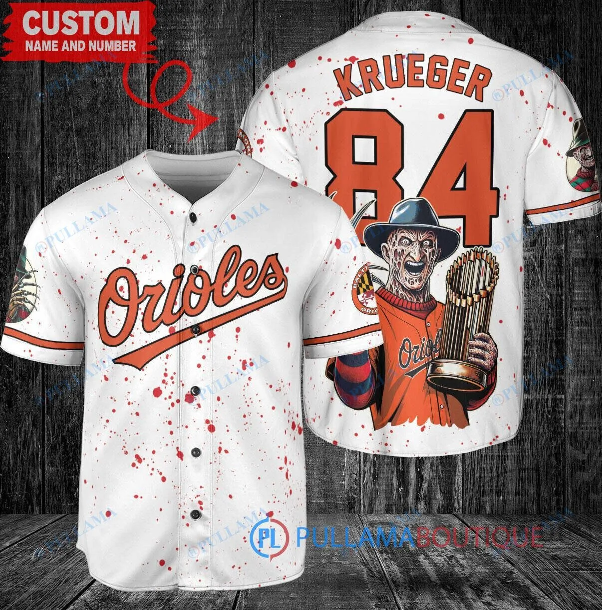 Freddy Krueger Baltimore Orioles Baseball Jersey with World Series Trophy