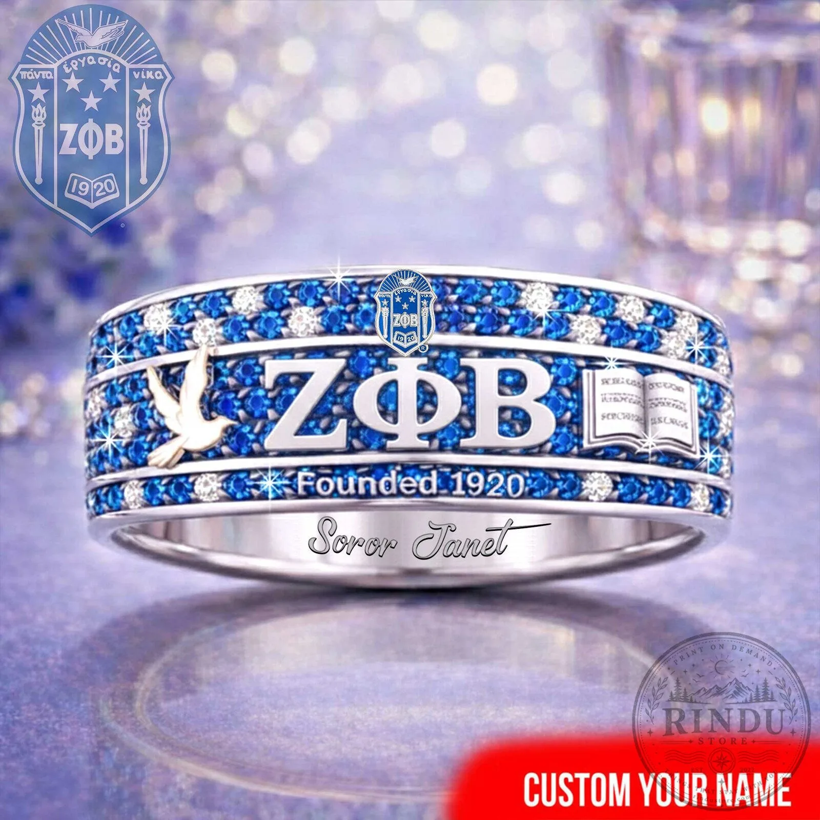 Zeta Phi Beta Sorority Founded 1920 Blue White Diamond Ring