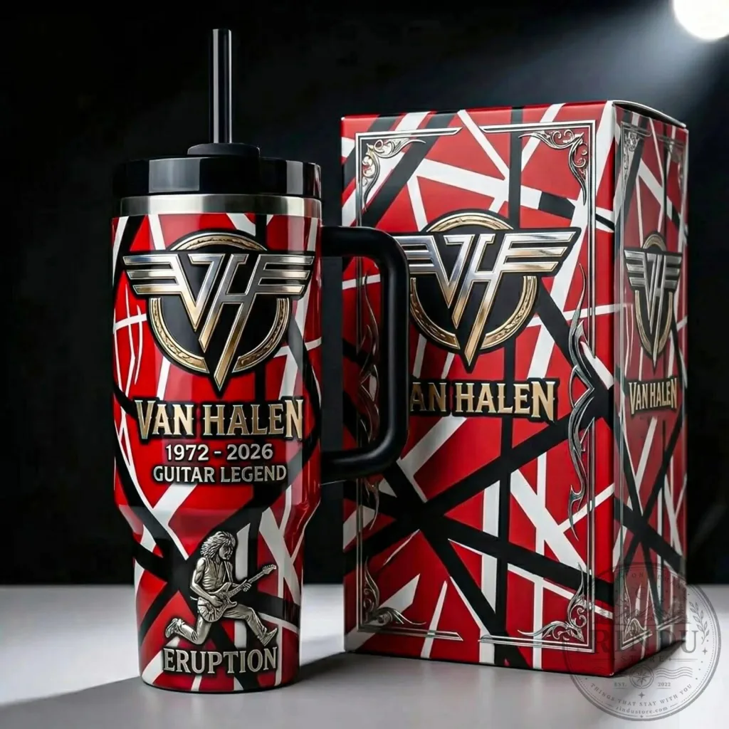 Van Halen Guitar Legend Eruption Red White Black Logo Tumbler with Handle Van Halen Guitar Legend Eruption Red White Black Logo Tumbler with Handle