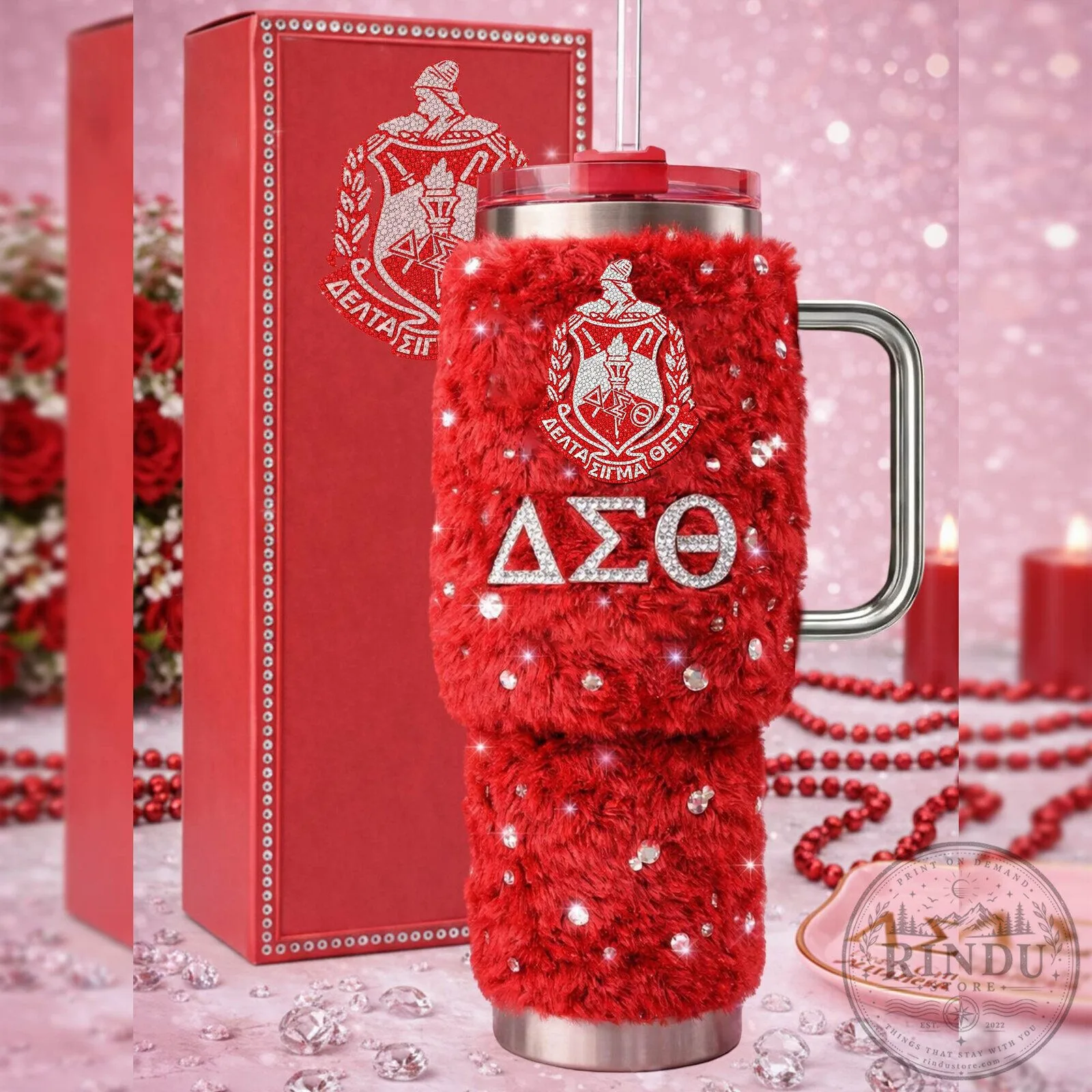 Delta Sigma Theta Sorority Red Fluffy Rhinestone Handle Tumbler