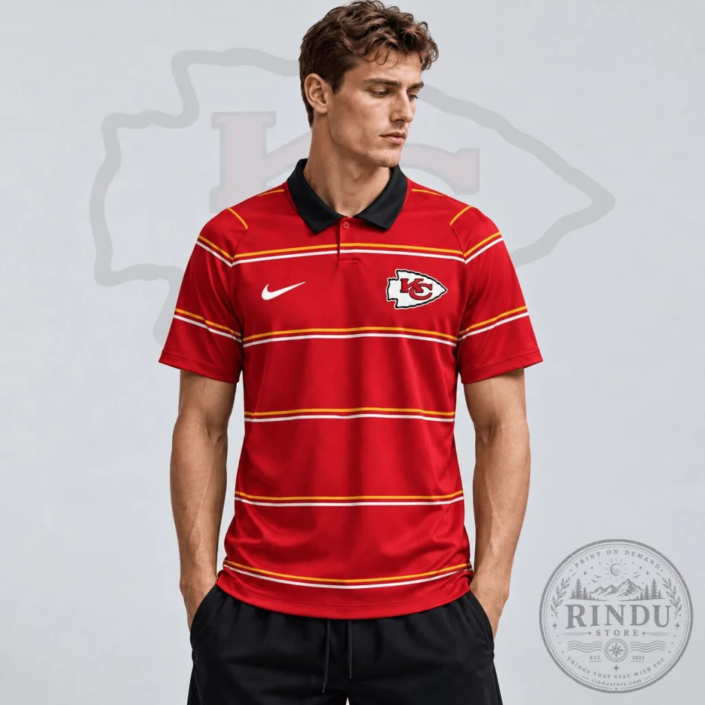 Kansas City Chiefs Premium NFL Team Crest Horizontal Stripe Red Polo Shirt Kansas City Chiefs Premium NFL Team Crest Horizontal Stripe Red Polo Shirt