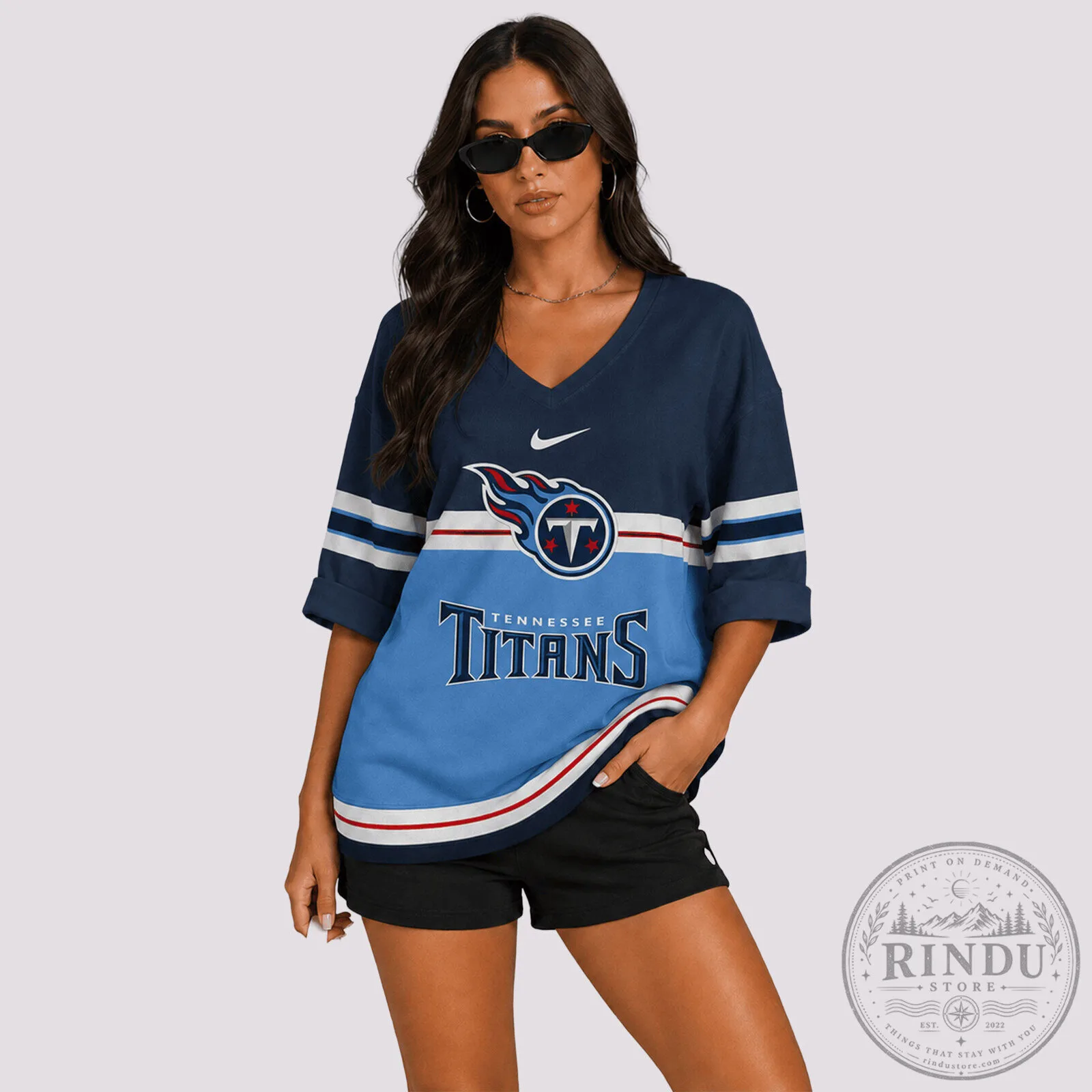 Tennessee Titans NFL Football Team V-Neck Long Sleeve Shirt for Women