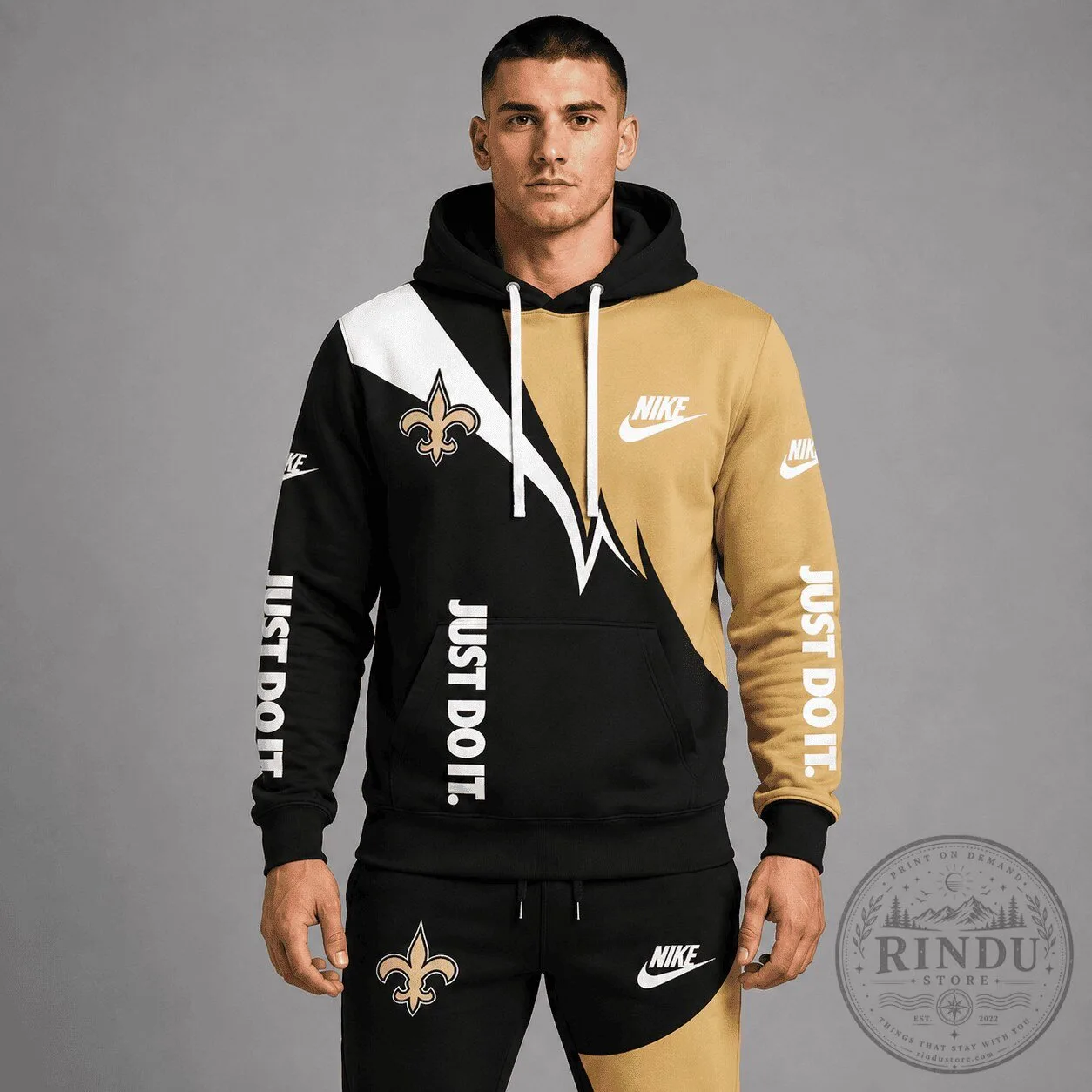 New Orleans Saints Black and Gold Split Design Nike Just Do It Hoodie 5 New Orleans Saints Black and Gold Split Design Nike Just Do It Hoodie