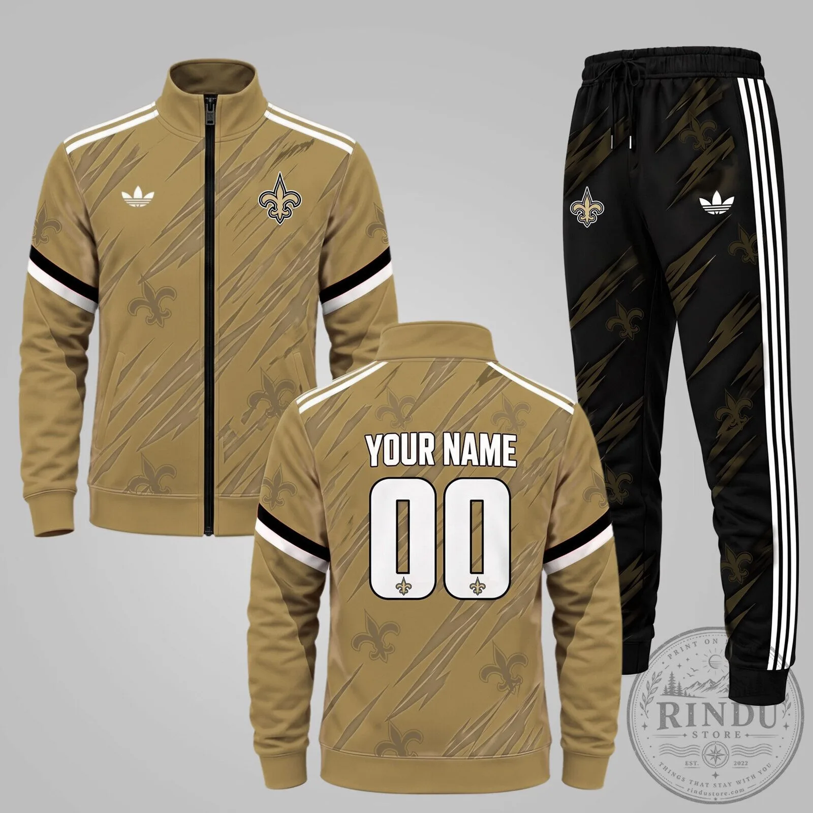 New Orleans Saints Personalized Gold Black Tracksuit Jacket and Jogger Pants Set