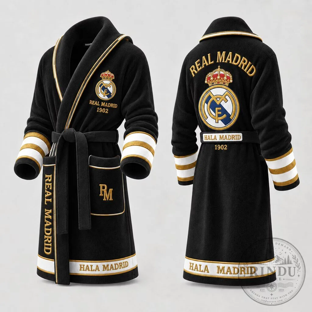 Real Madrid Football Club Crest Black and Gold Plush Bathrobe