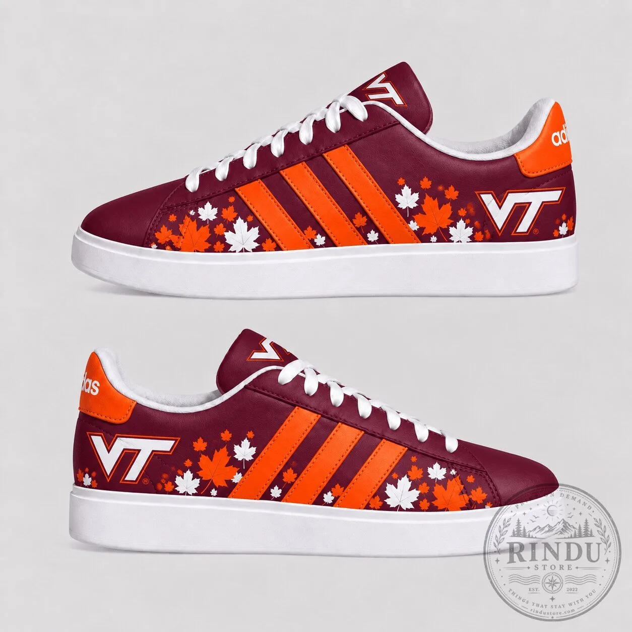 Virginia Tech Hokies Fall Season Maple Leaves Stripes Sneakers