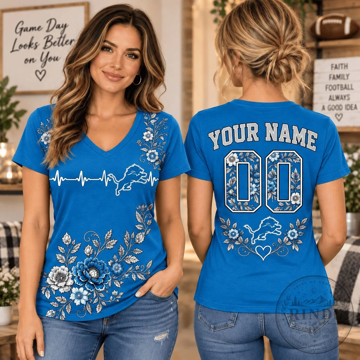 Detroit Lions Fan Personalized V-Neck T-Shirt with Floral Design
