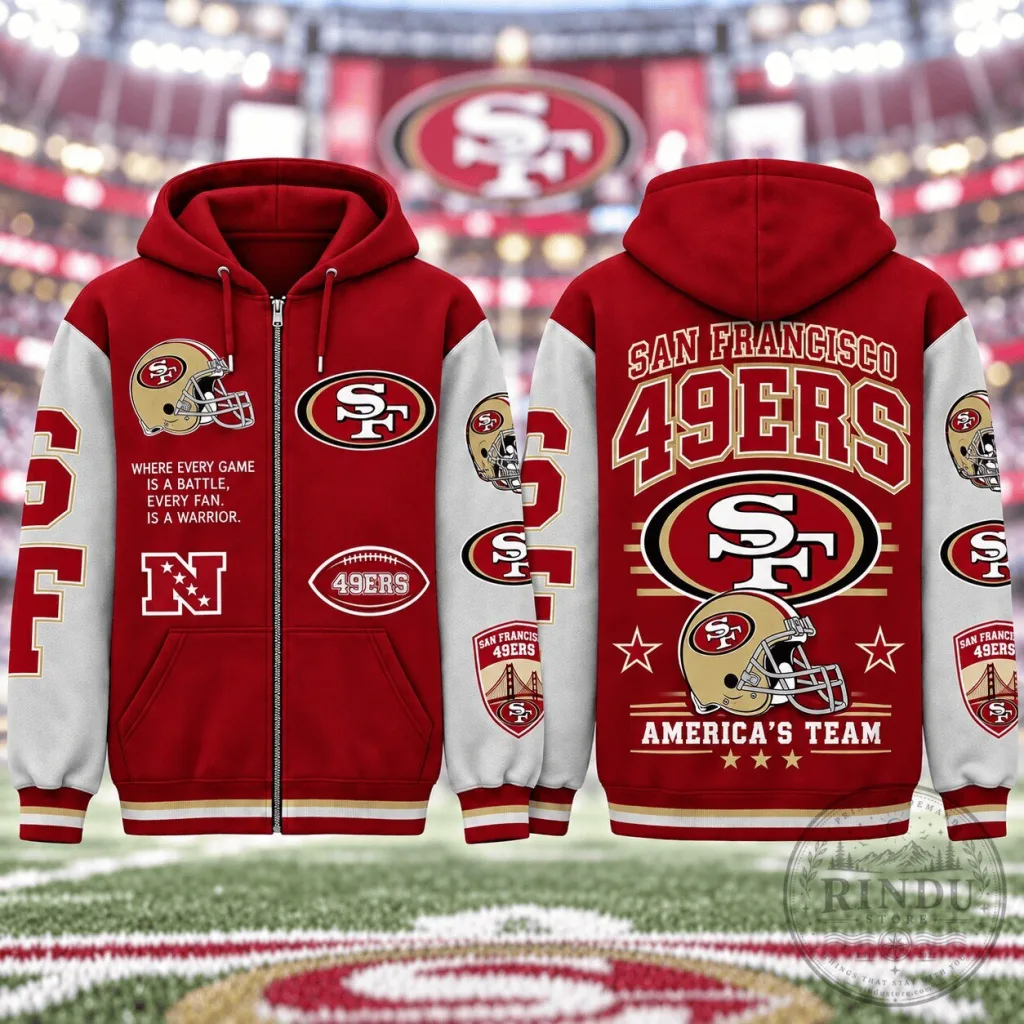 San Francisco 49ers Football Team Red And White Full-Zip Hoodie San Francisco 49ers Football Team Red And White Full-Zip Hoodie