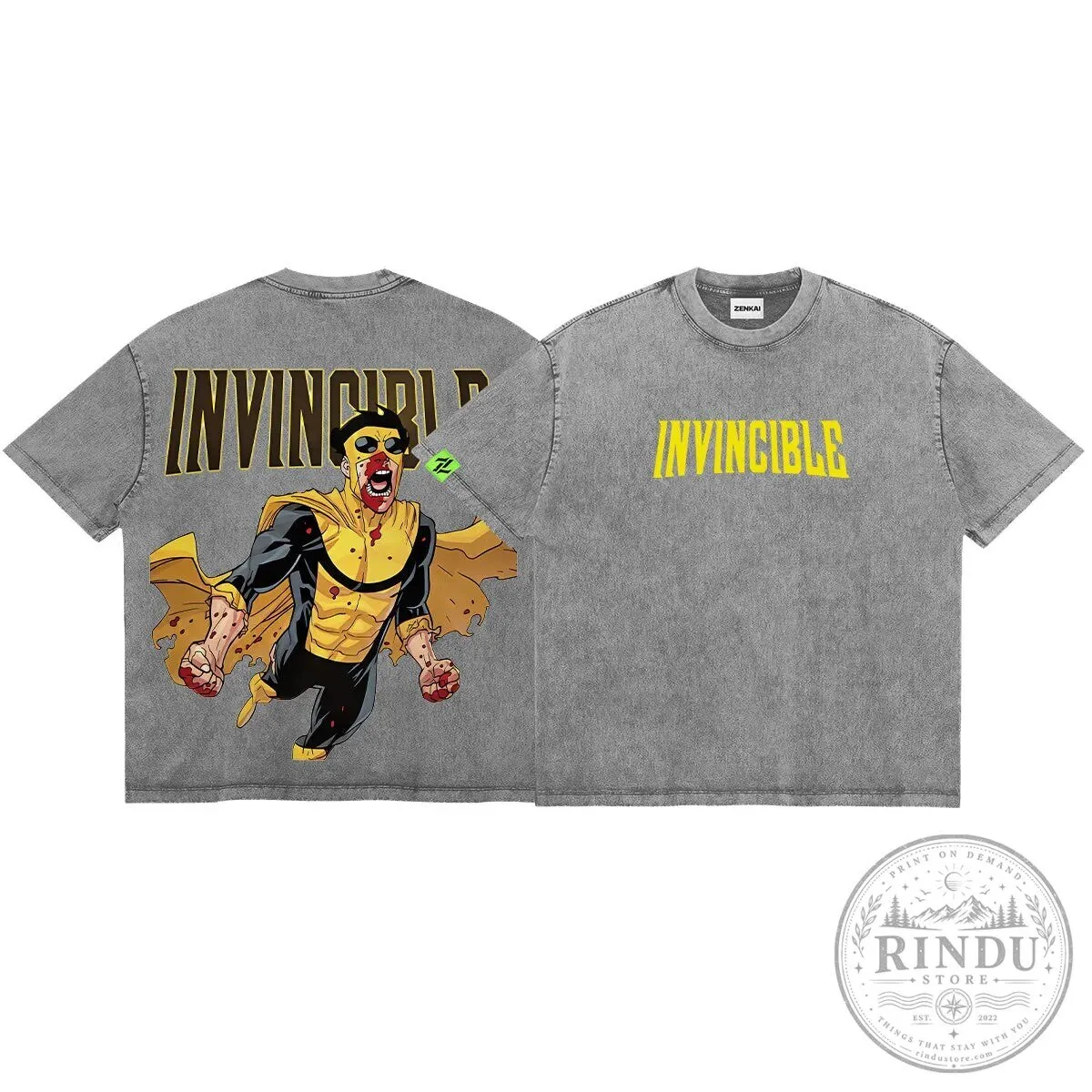 Invincible Bloody Victory Superhero Cartoon Character Gray Washed T-Shirt
