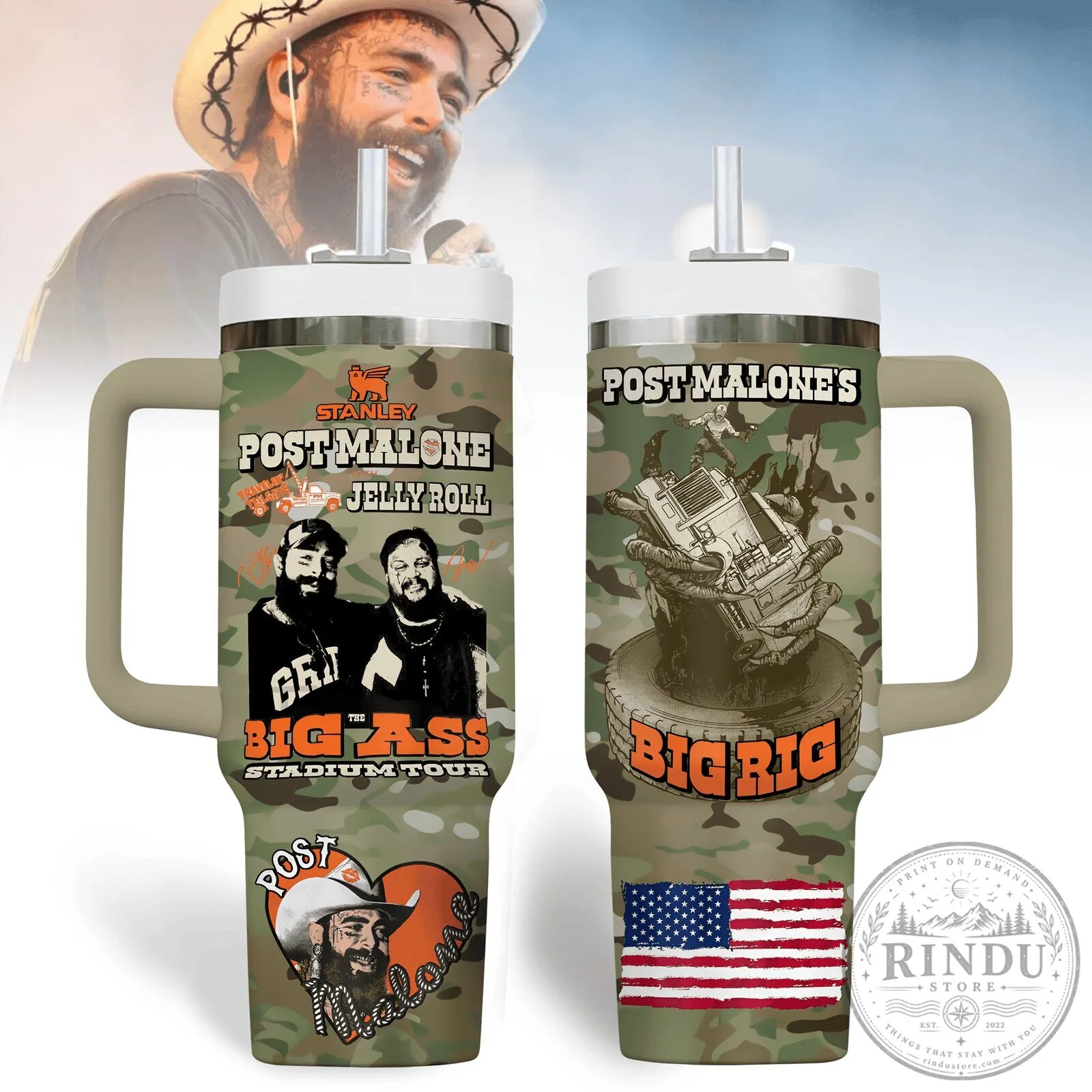 Post Malone and Jelly Roll Big Ass Stadium Tour Camouflage Tumbler with Handle