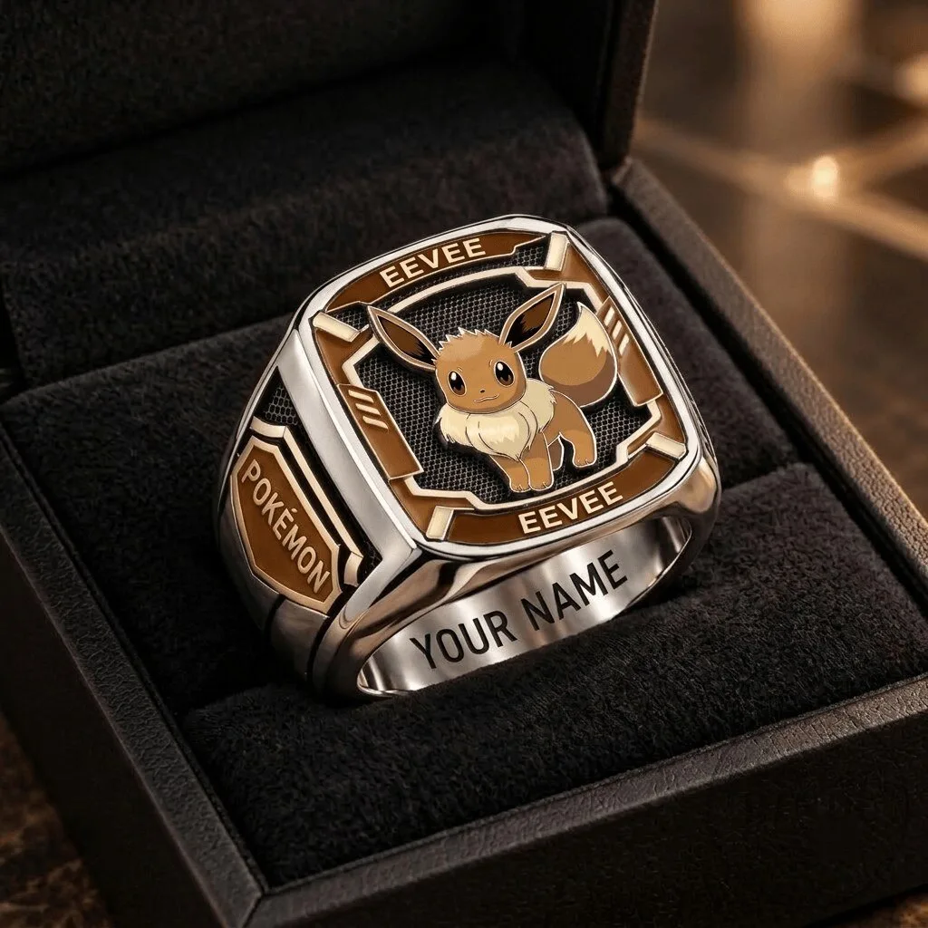 Pokemon Eevee Custom Engraved Silver Plated Square Ring