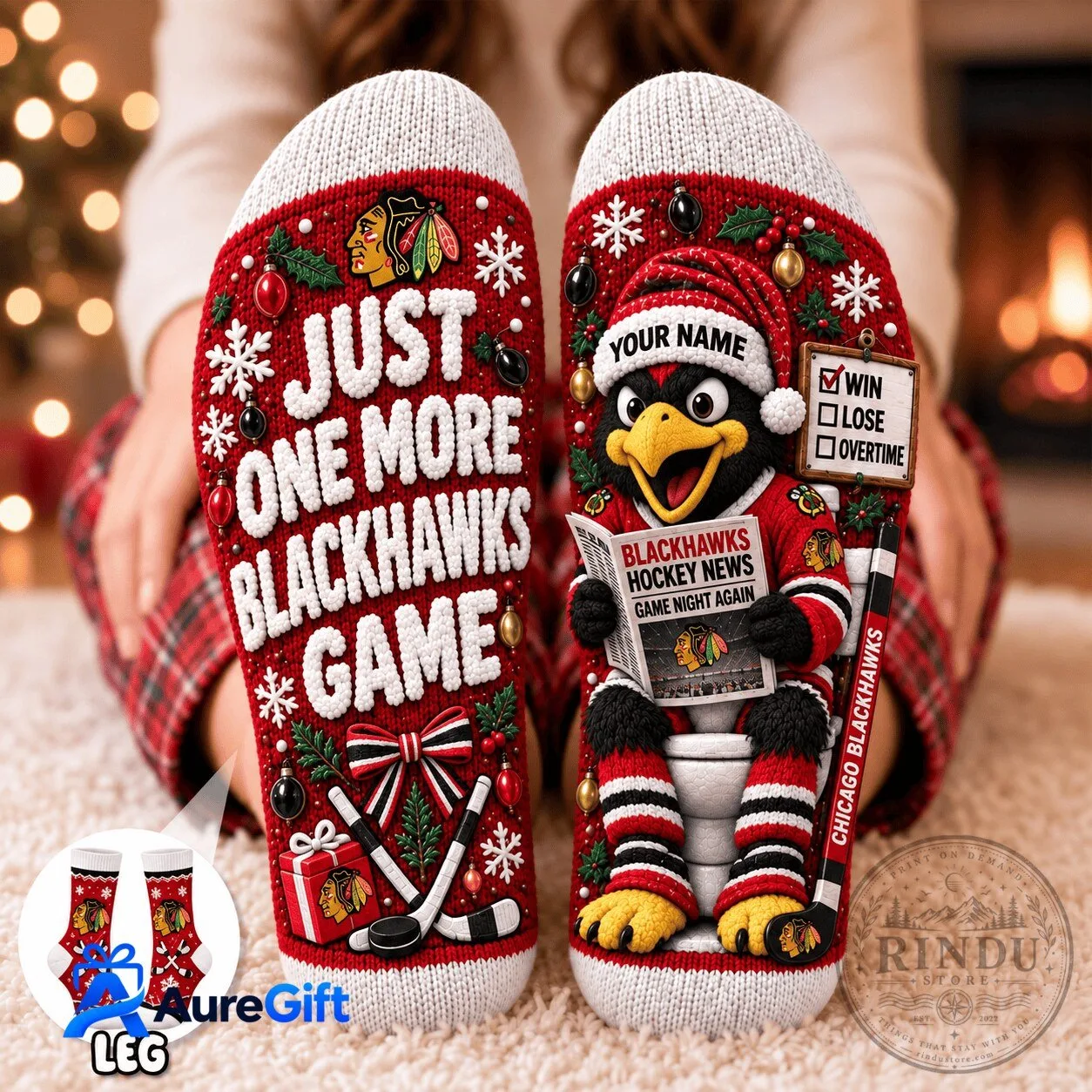 Chicago Blackhawks Christmas Holiday Just One More Game Personalized Socks