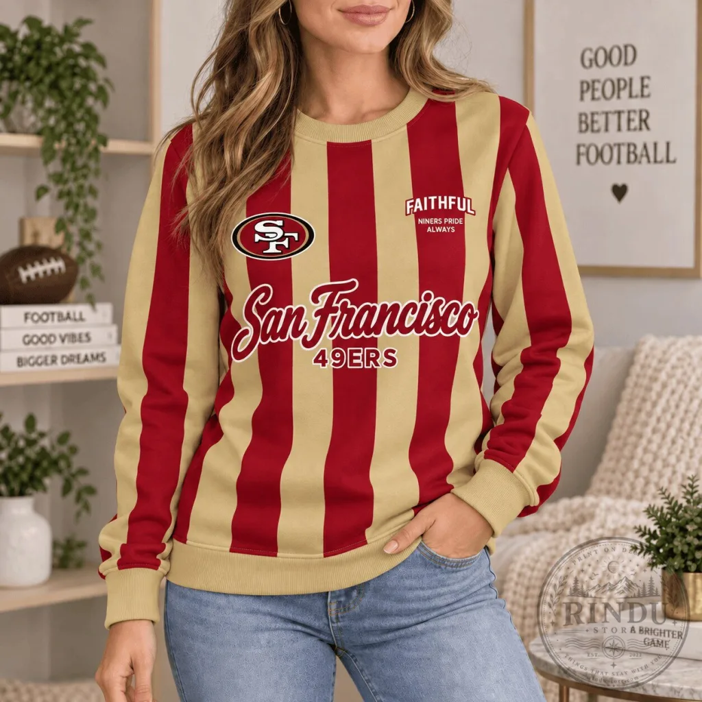 San Francisco 49ers Faithful Red Gold Striped Crewneck Sweatshirt San Francisco 49ers Faithful Red Gold Striped Crewneck Sweatshirt