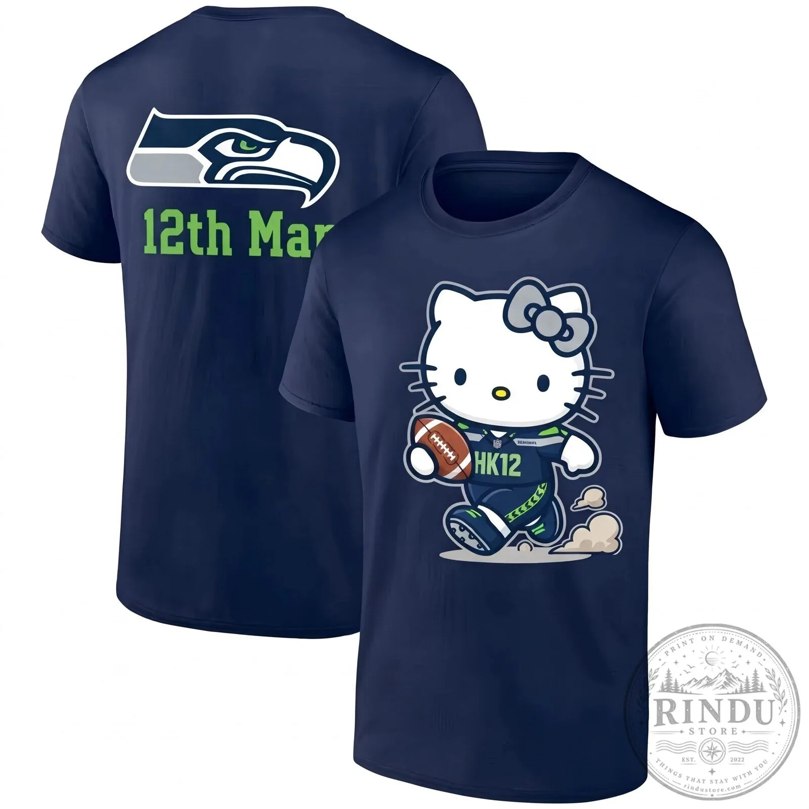 Seattle Seahawks Hello Kitty Football Player Blue T-Shirt 12 Seattle Seahawks Hello Kitty Football Player Blue T-Shirt