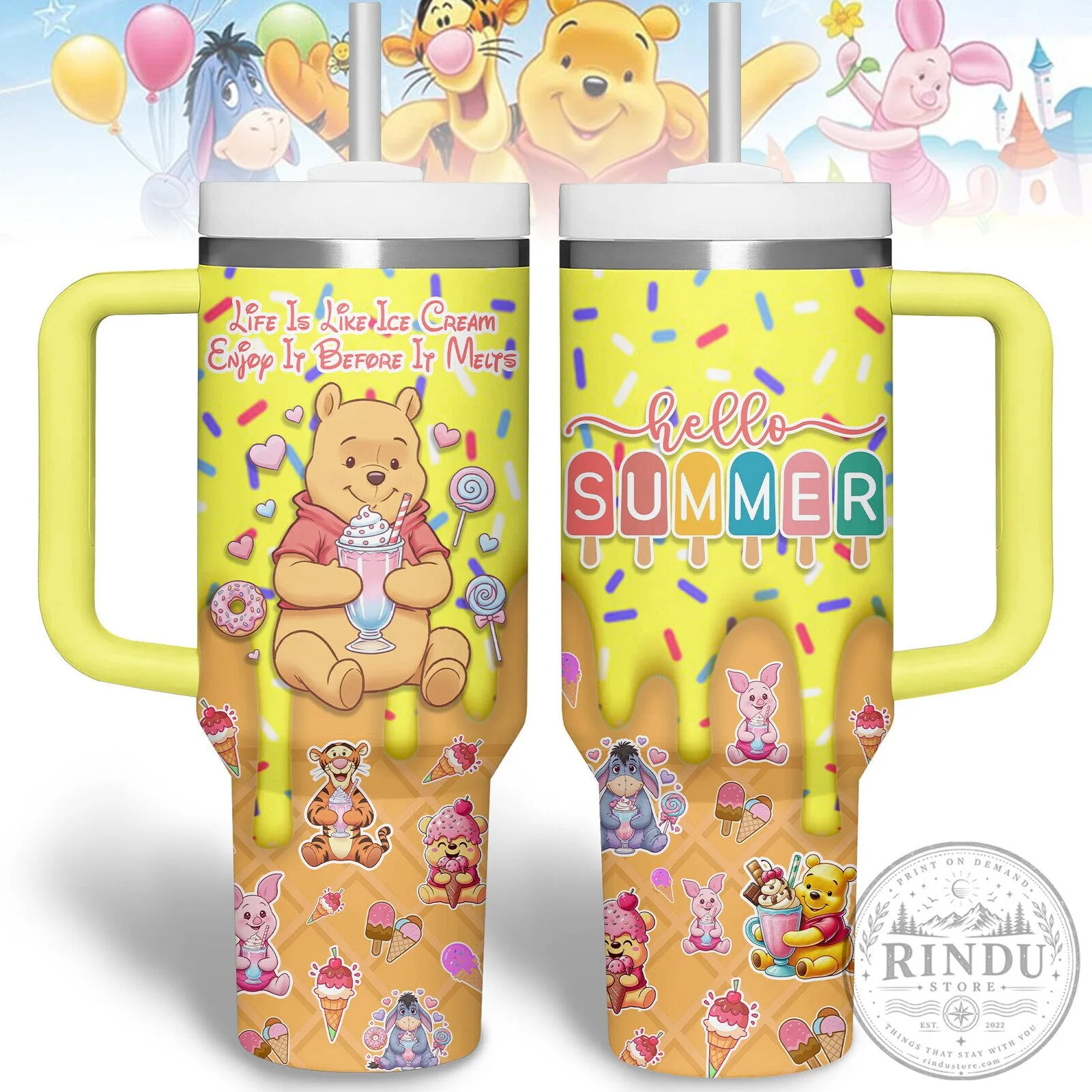 Winnie The Pooh Hello Summer Ice Cream Sprinkles 40oz Tumbler With Handle