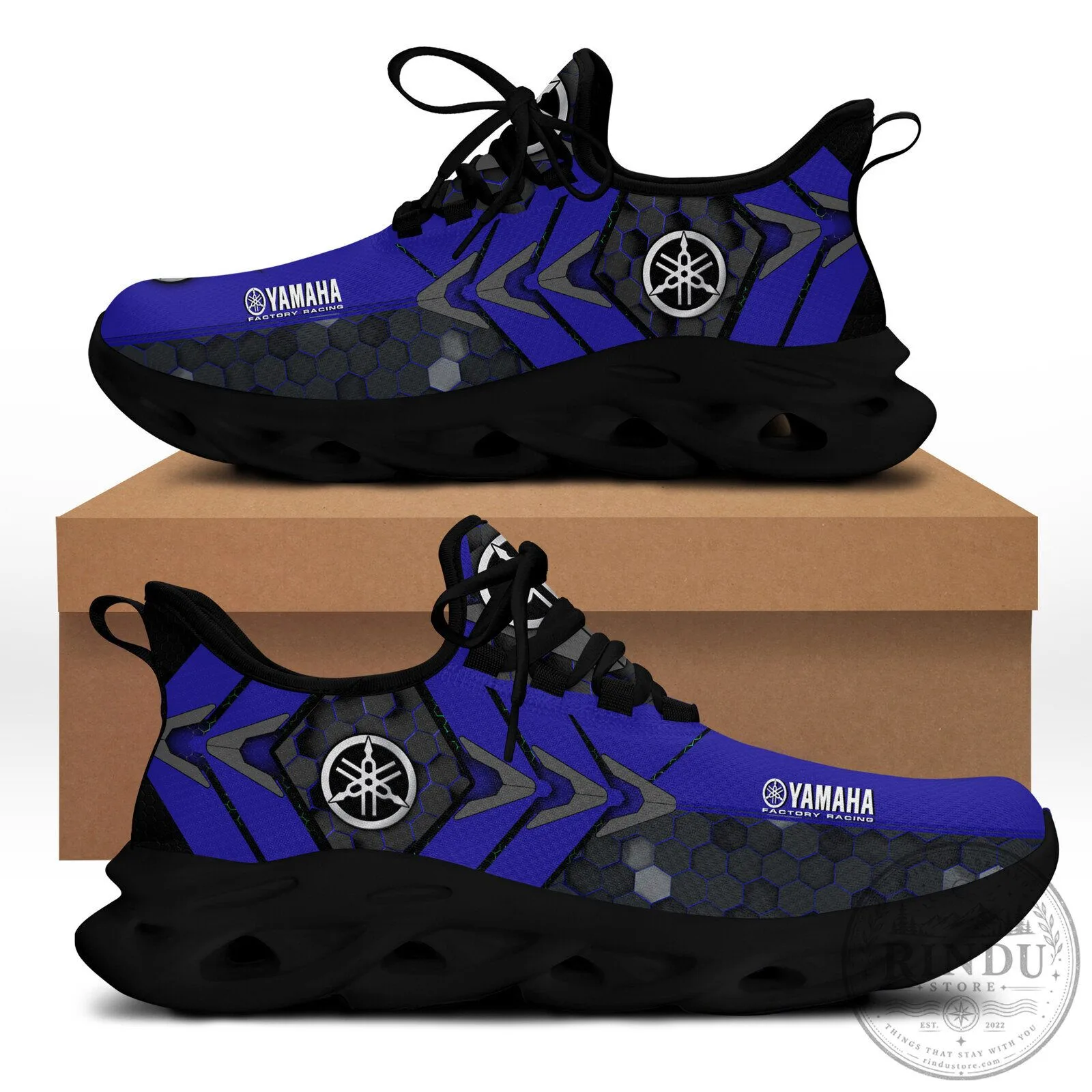 Yamaha Racing Blue Hexagon Pattern Running Shoes for Men and Women