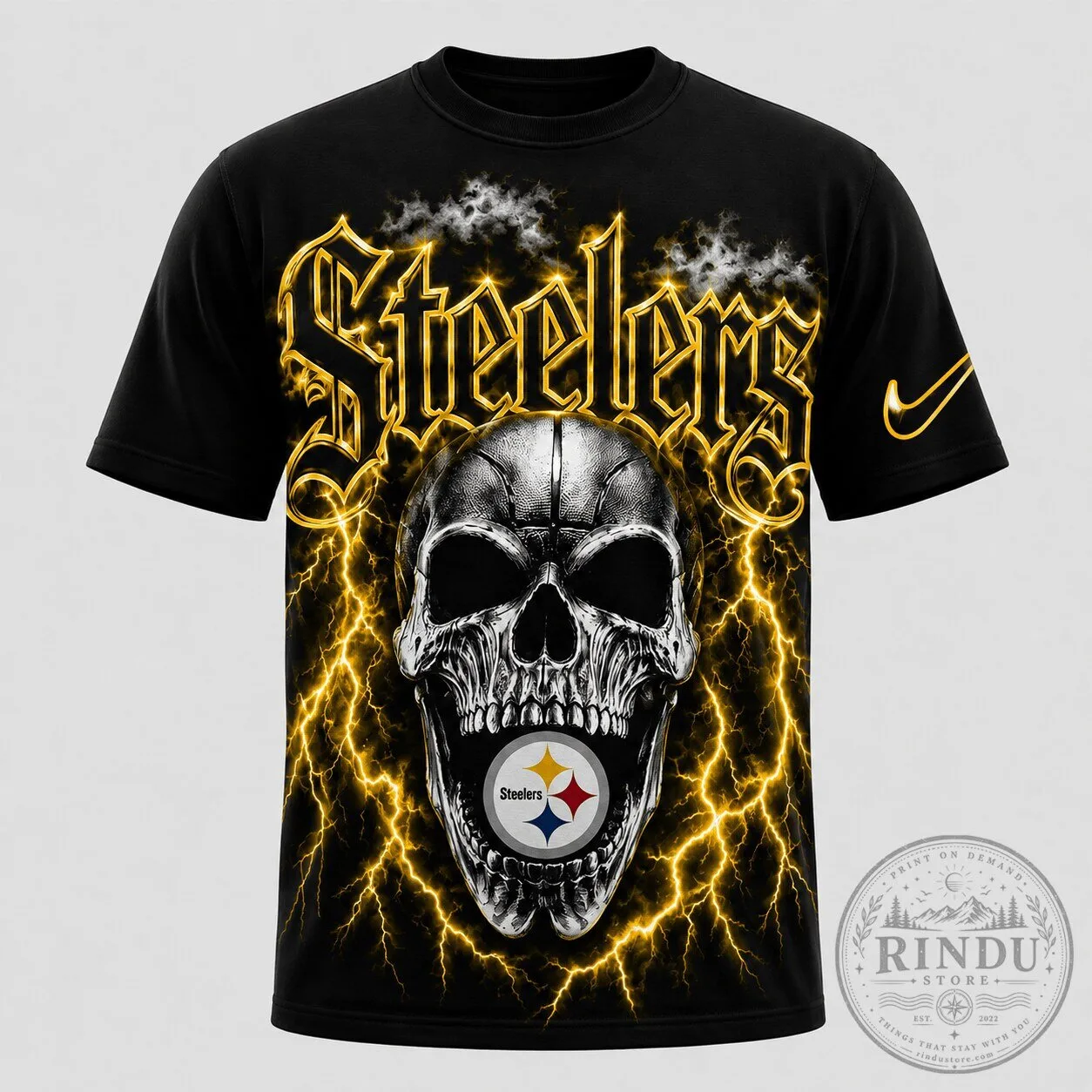 Pittsburgh Steelers Skull Lightning Graphic Black T-Shirt