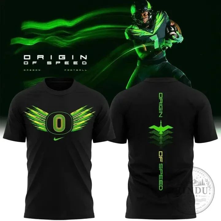 Black T-Shirt with Oregon Ducks Origin of Speed Football Team Graphics