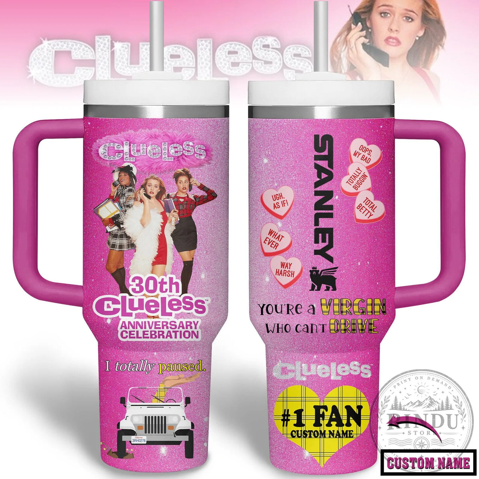 Clueless 30th Anniversary Celebration Pink Glitter 40oz Tumbler with Handle