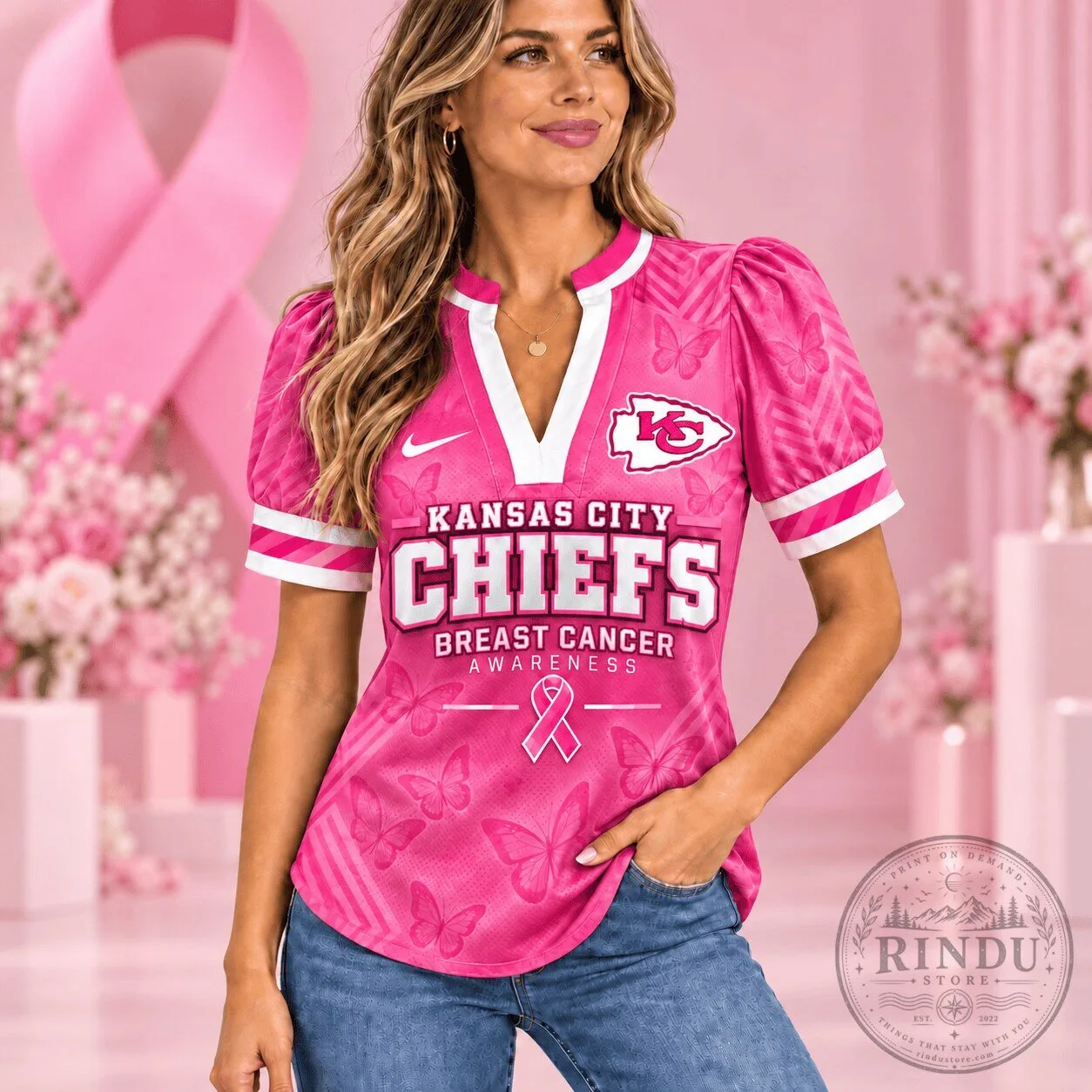 Kansas City Chiefs Breast Cancer Awareness Pink Butterfly Women's V-Neck T-Shirt 1 Kansas City Chiefs Breast Cancer Awareness Pink Butterfly Women's V-Neck T-Shirt