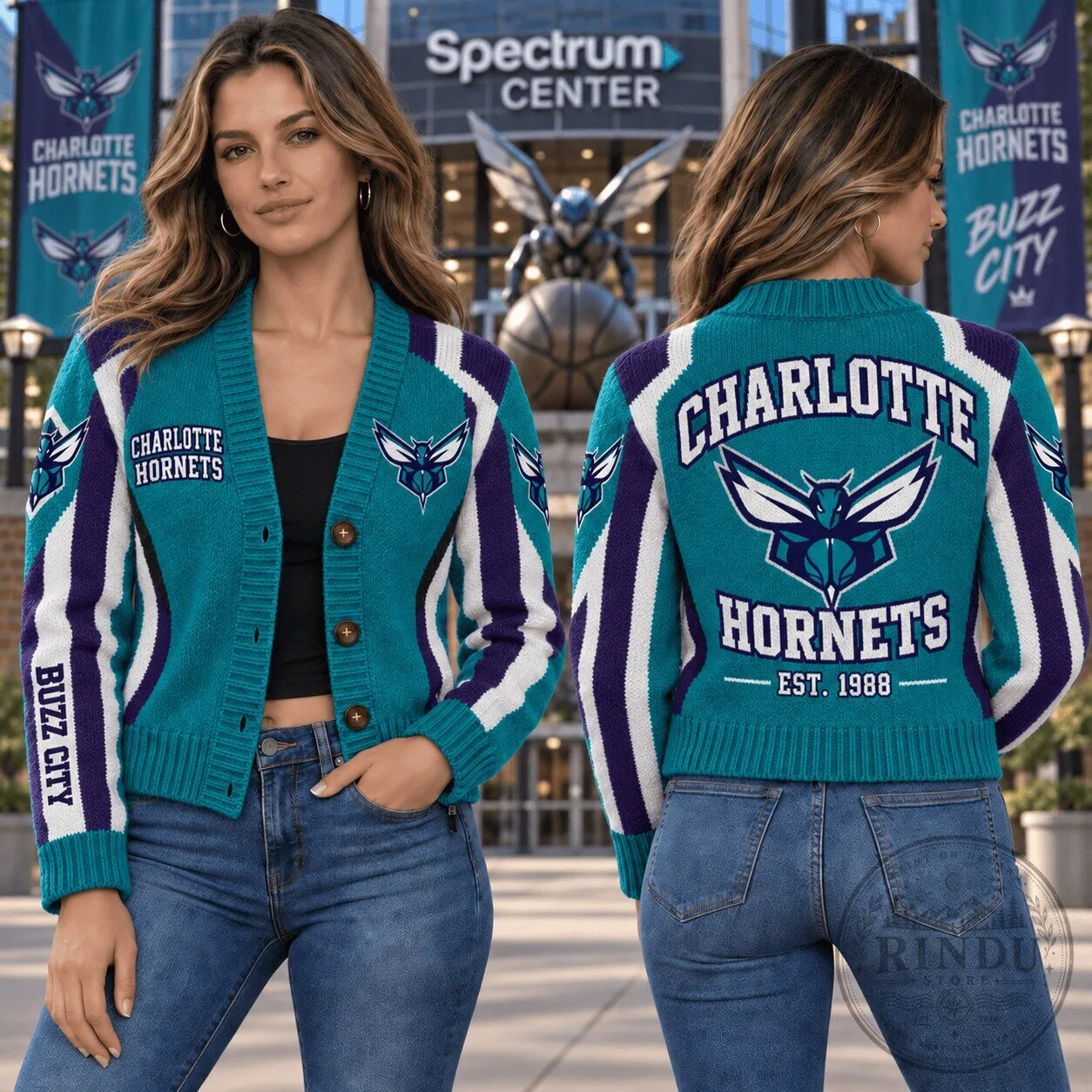 Charlotte Hornets NBA Basketball Team Logo Teal Striped Knit Cardigan Jacket 2 Charlotte Hornets NBA Basketball Team Logo Teal Striped Knit Cardigan Jacket