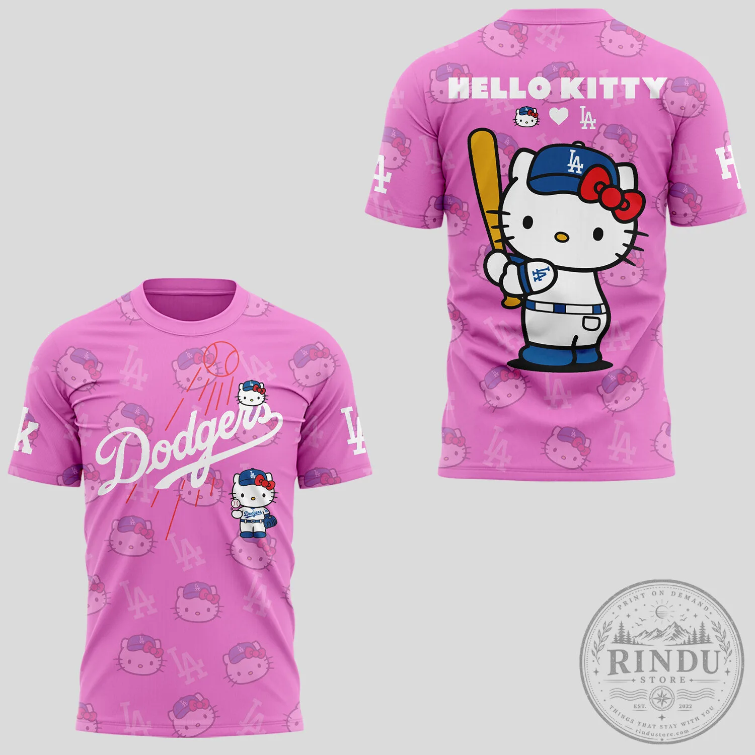 Los Angeles Dodgers Hello Kitty Baseball Pink T-Shirt