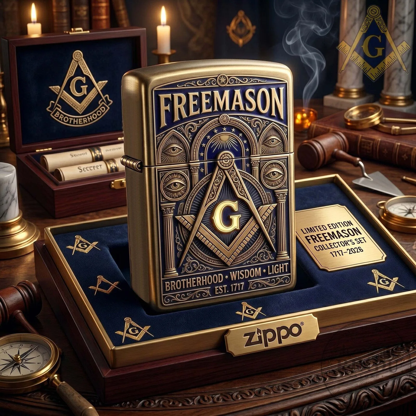 Freemason Brotherhood Wisdom Light Zippo Lighter with Collector's Set
