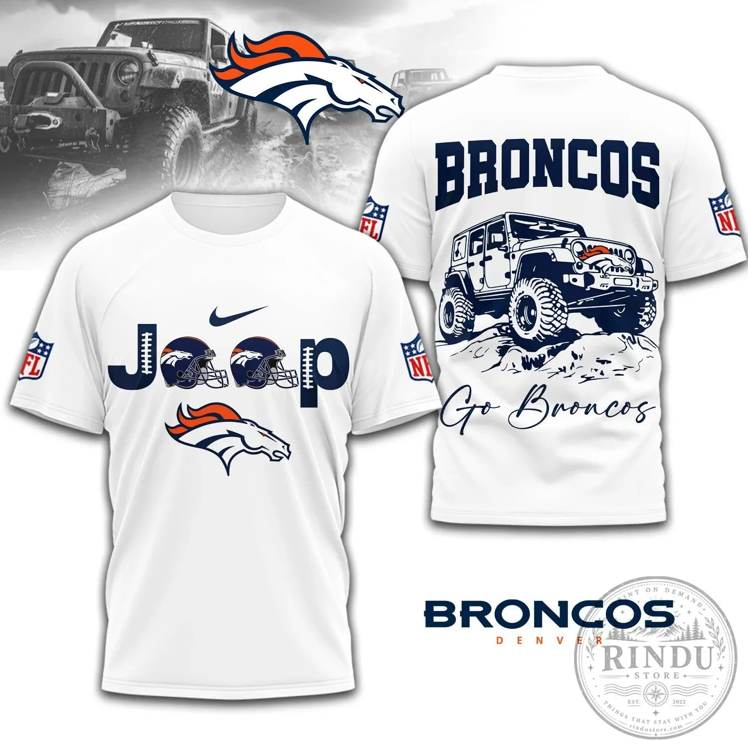 Denver Broncos Jeep Off-Road Adventure NFL Football Team White T-Shirt