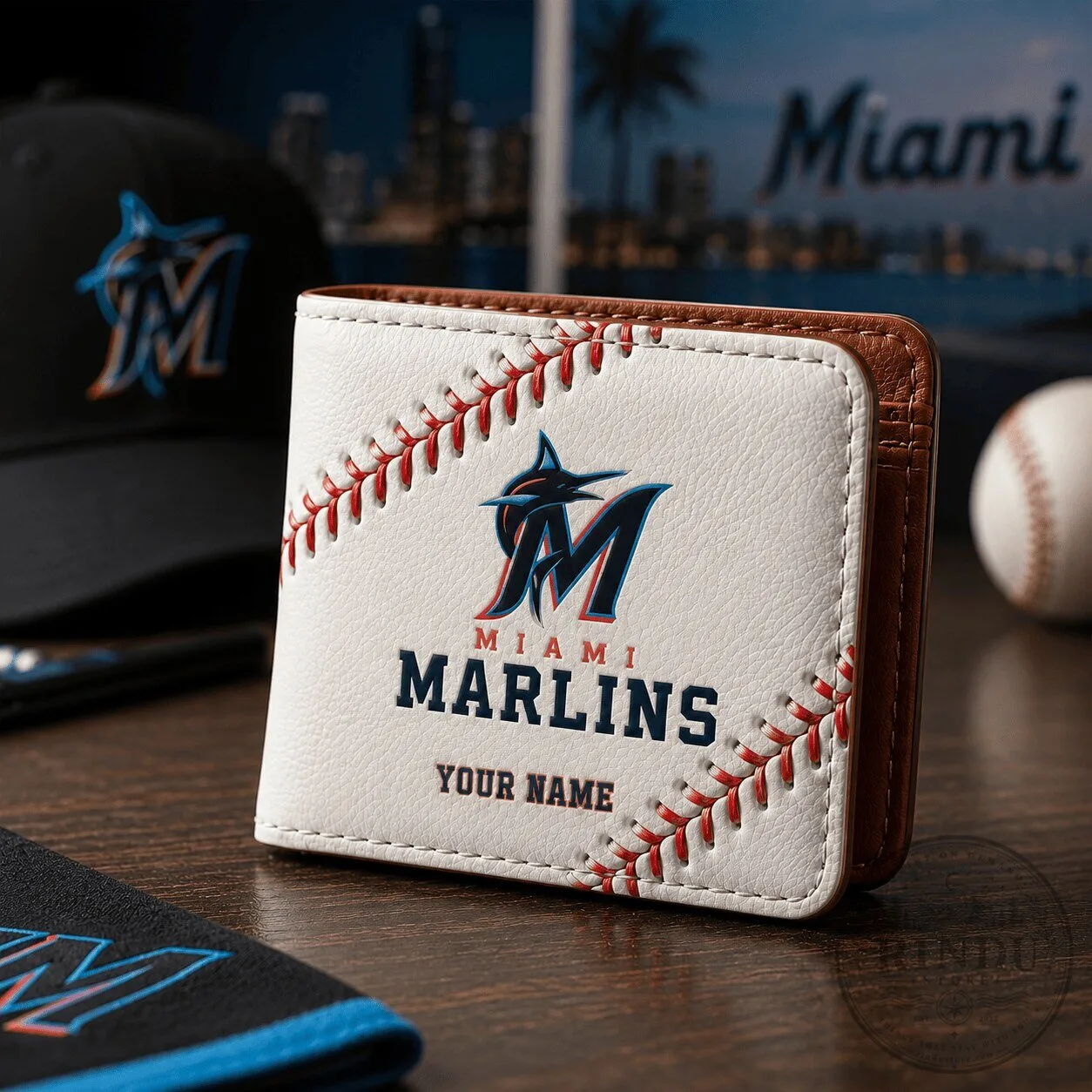 Miami Marlins Personalized Baseball Stitch White Leather Wallet