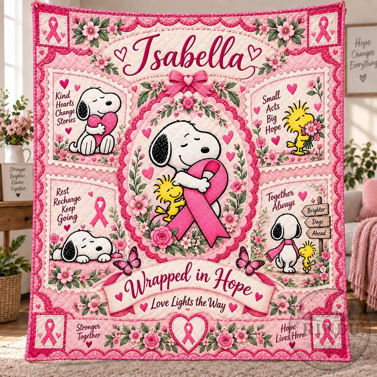 Snoopy and Woodstock Breast Cancer Awareness Pink Ribbon Personalized Quilt
