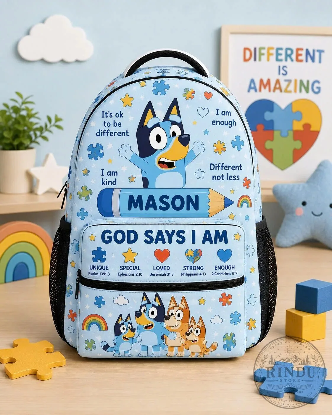 Personalized Bluey God Says I Am Autism Awareness Kids Backpack
