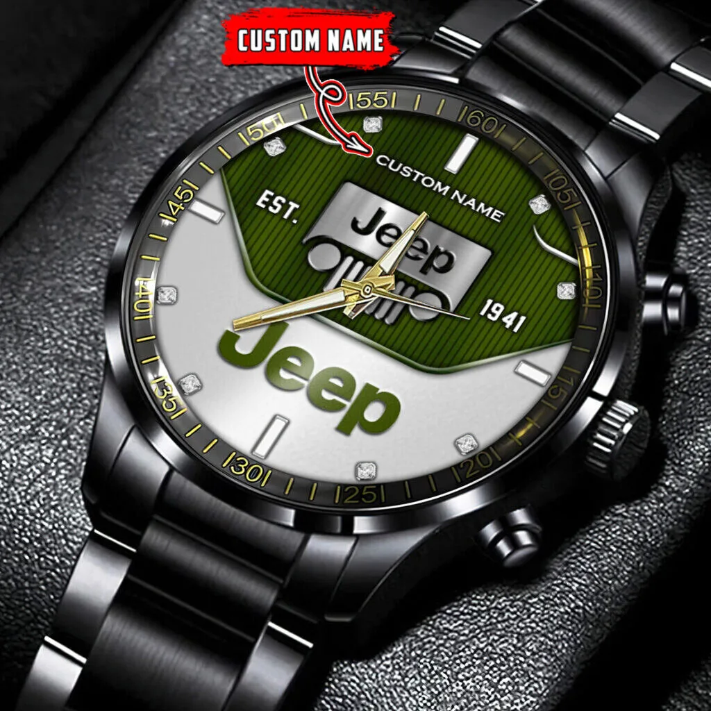 Custom Name Jeep Logo Black Fashion Watch, Personalized Jeep Brand Wristwatch