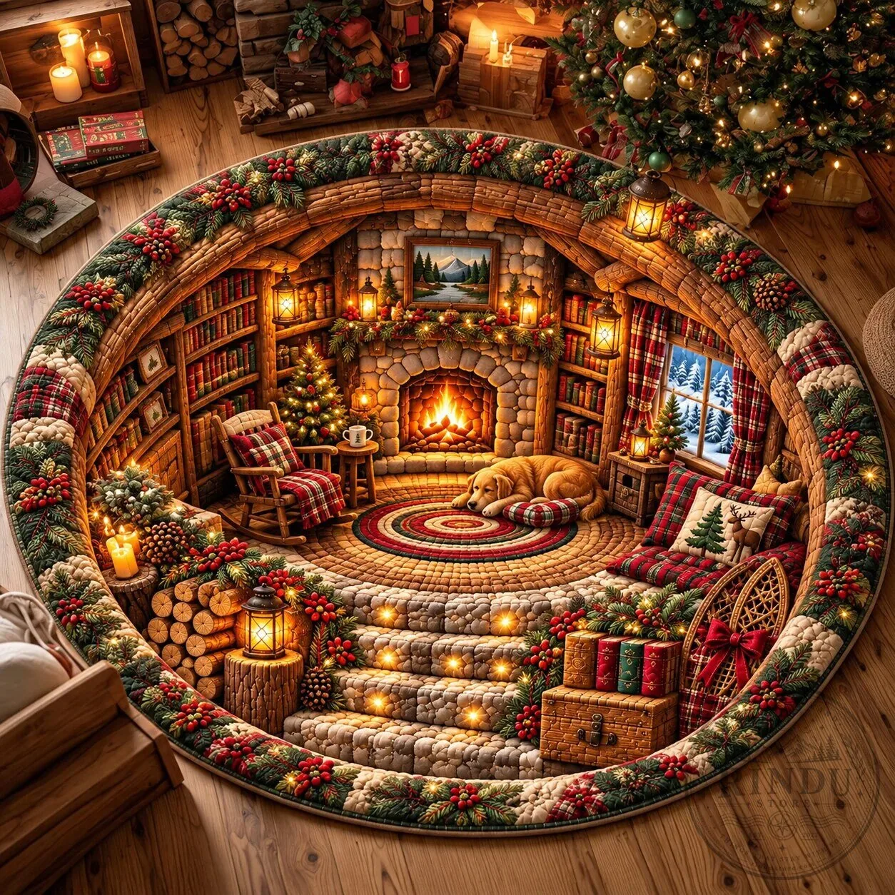Cozy Christmas Cabin Quilted Round Rug - Festive Holiday Home Decor