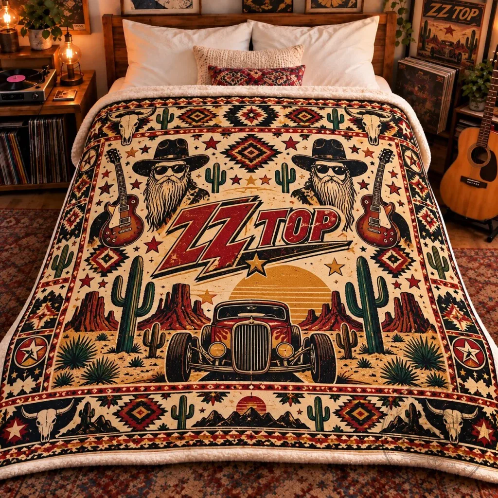 ZZ Top Texas Blues Rock Band Fleece Blanket with Hot Rod and Desert Decor ZZ Top Texas Blues Rock Band Fleece Blanket with Hot Rod and Desert Decor