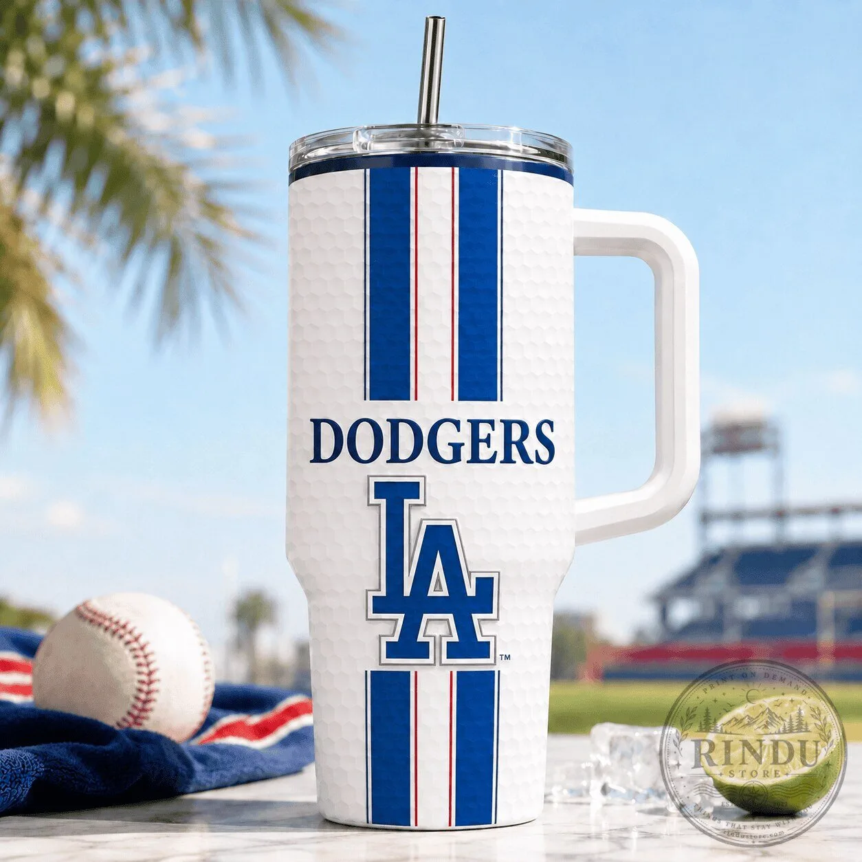 Los Angeles Dodgers Baseball Team Striped Logo Insulated Travel Tumbler with Handle