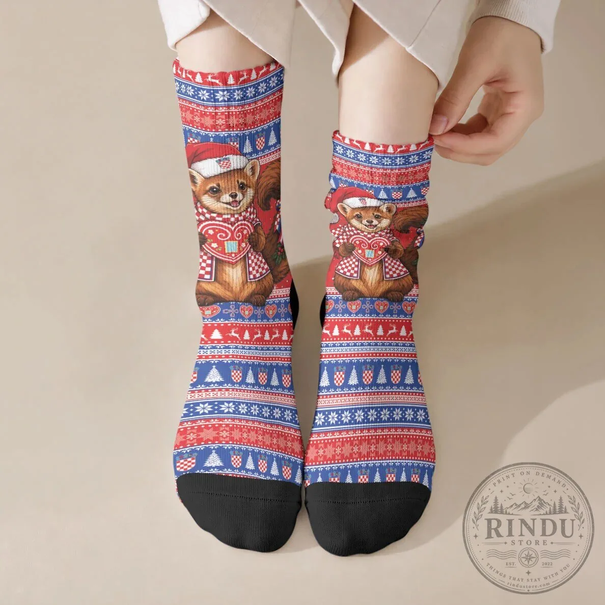 Croatian Kuna Christmas Holiday Crew Socks with Licitar Heart Pattern