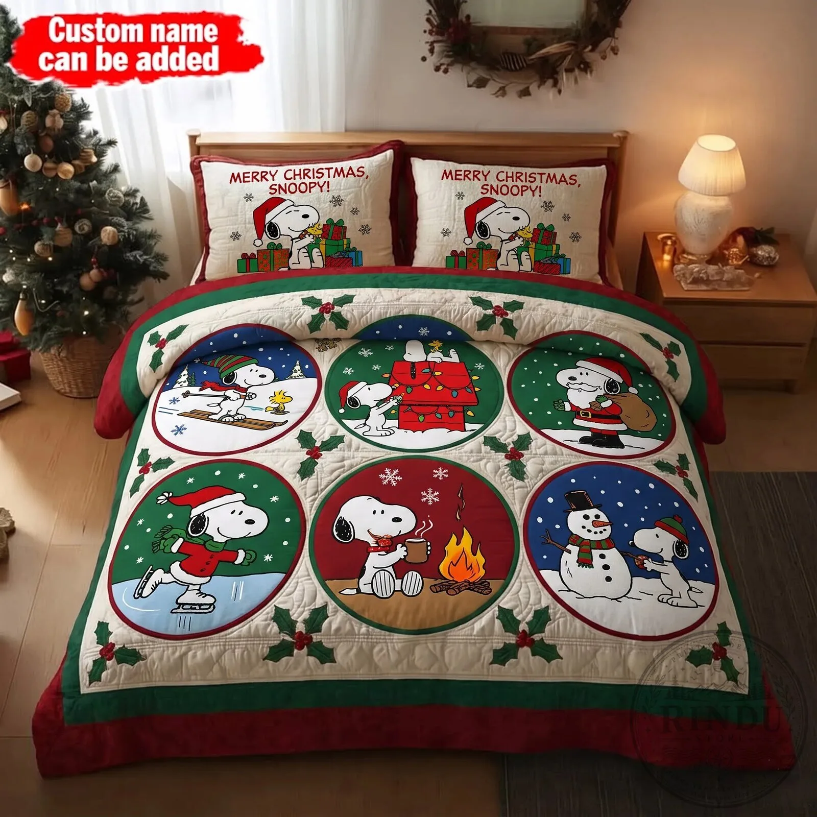 Snoopy Christmas Holiday Personalized Quilt Bedding Set with Pillowcases 5 Snoopy Christmas Holiday Personalized Quilt Bedding Set with Pillowcases