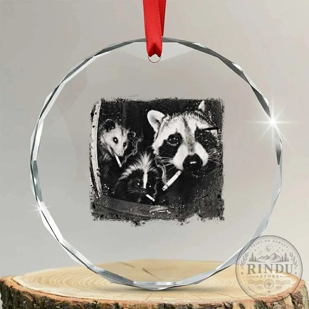 Smoking Raccoon Skunk Opossum Meme Crystal Glass Christmas Tree Ornament