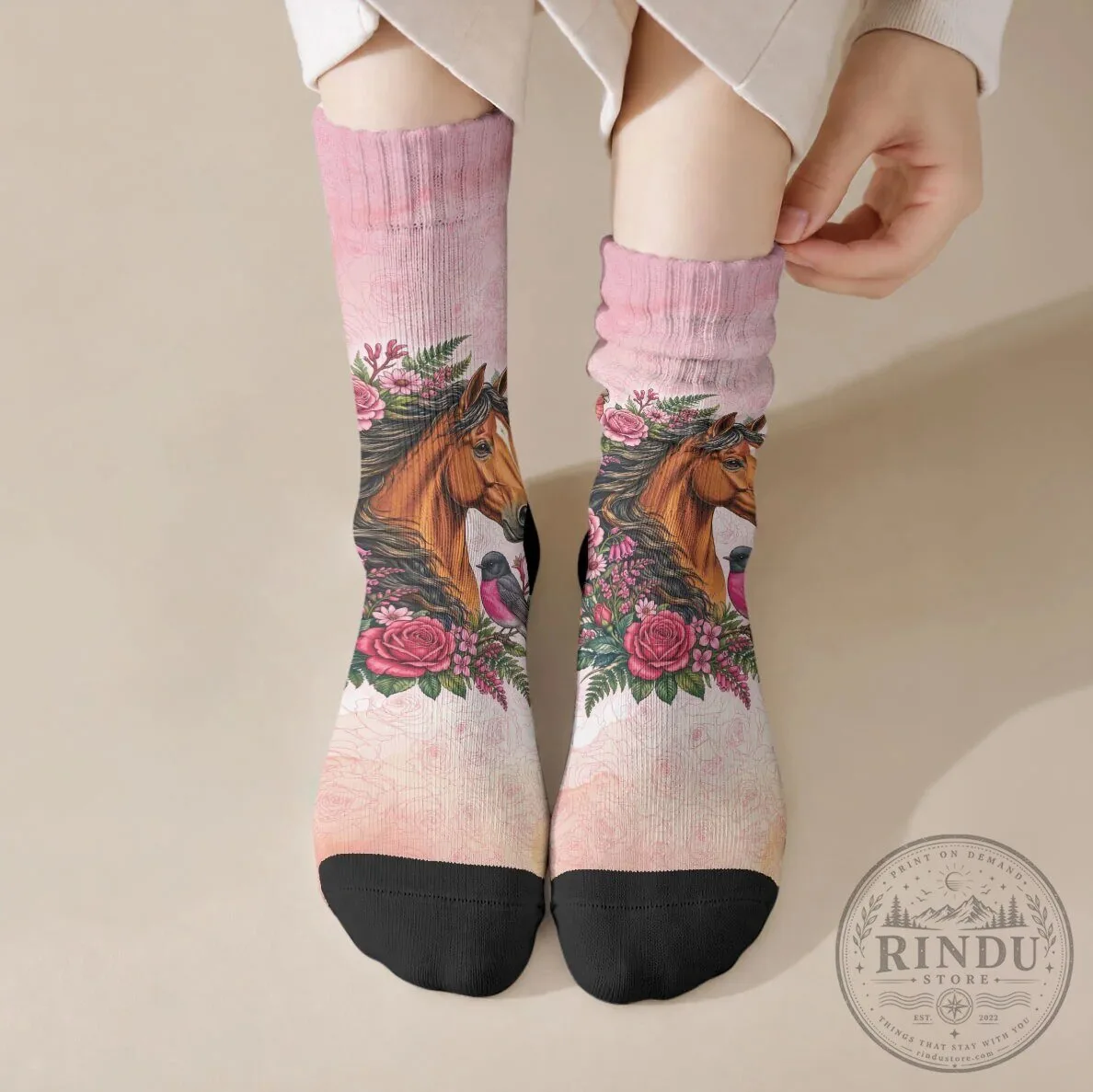 Pink Rose Wreath Horse and Bird Crew Socks for Women and Girls