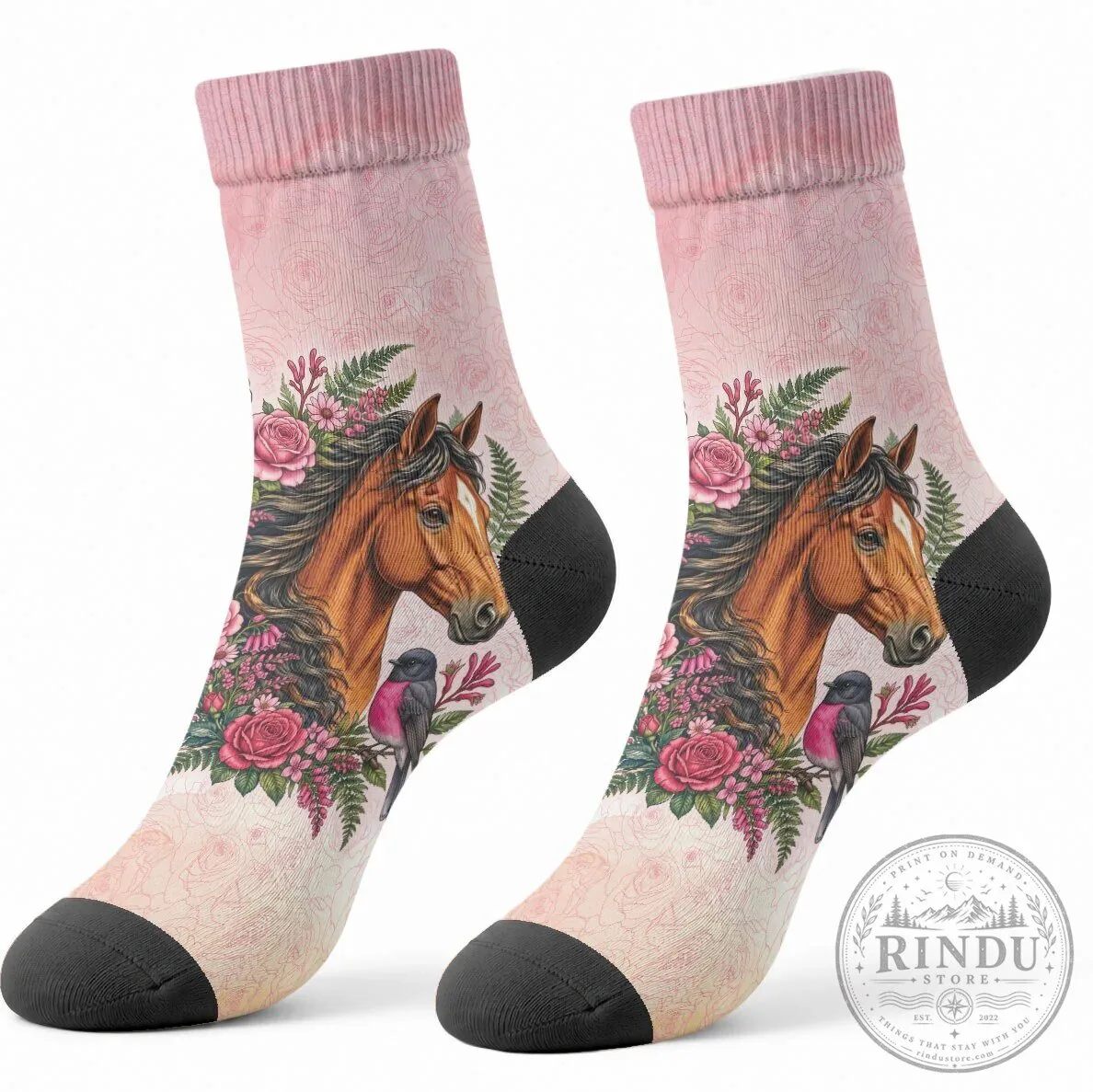 Pink Rose Wreath Horse and Bird Crew Socks for Women and Girls 10 Pink Rose Wreath Horse and Bird Crew Socks for Women and Girls
