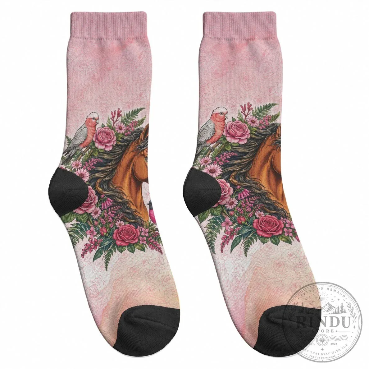 Pink Rose Wreath Horse and Bird Crew Socks for Women and Girls 11 Pink Rose Wreath Horse and Bird Crew Socks for Women and Girls