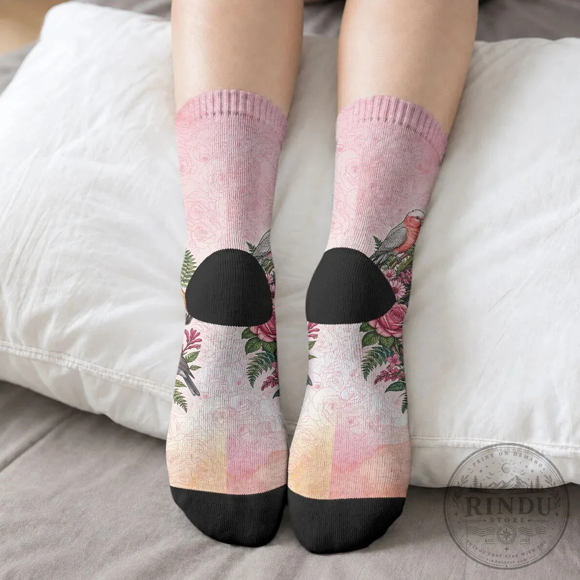 Pink Rose Wreath Horse and Bird Crew Socks for Women and Girls 12 Pink Rose Wreath Horse and Bird Crew Socks for Women and Girls