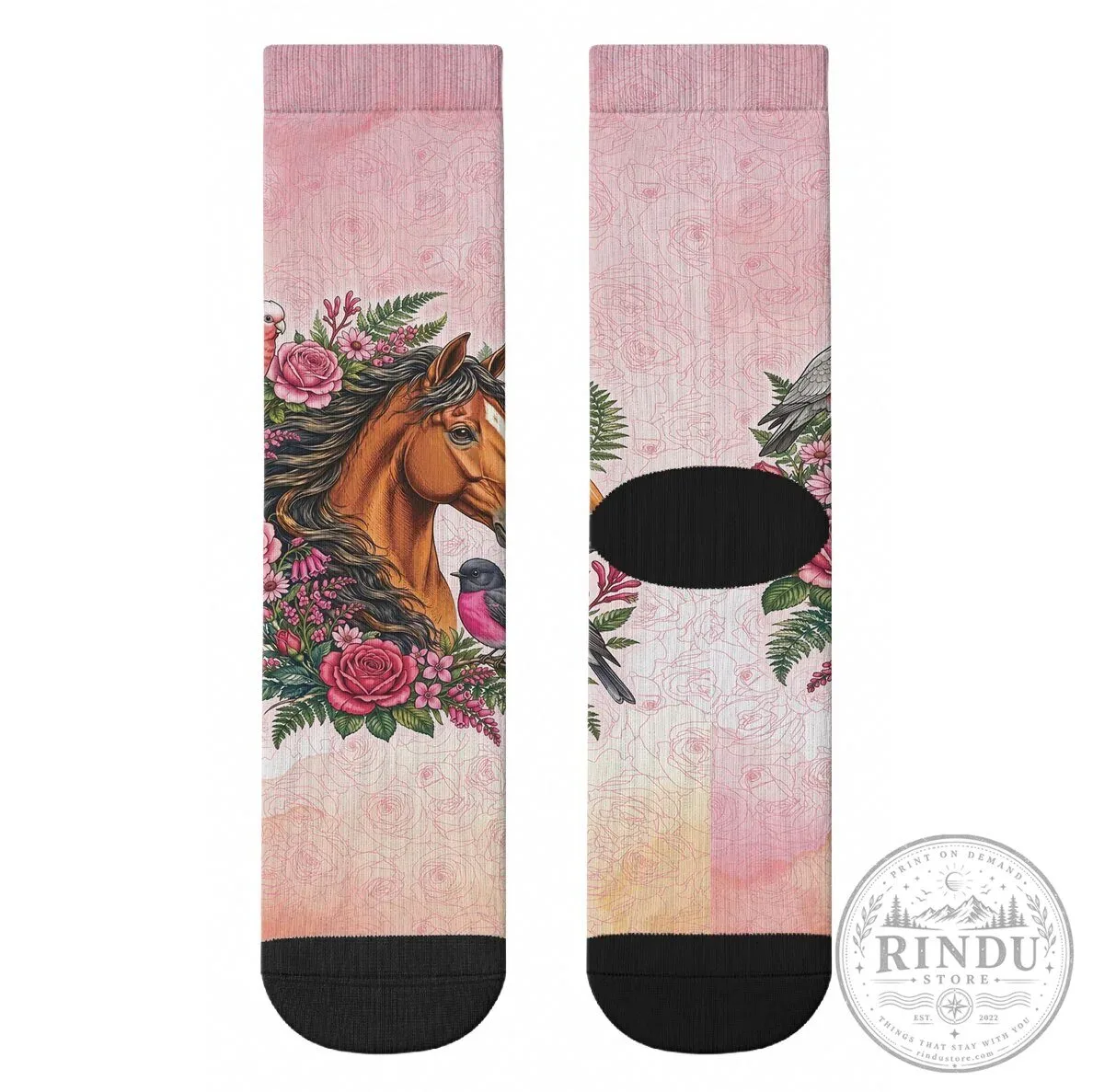 Pink Rose Wreath Horse and Bird Crew Socks for Women and Girls 13 Pink Rose Wreath Horse and Bird Crew Socks for Women and Girls