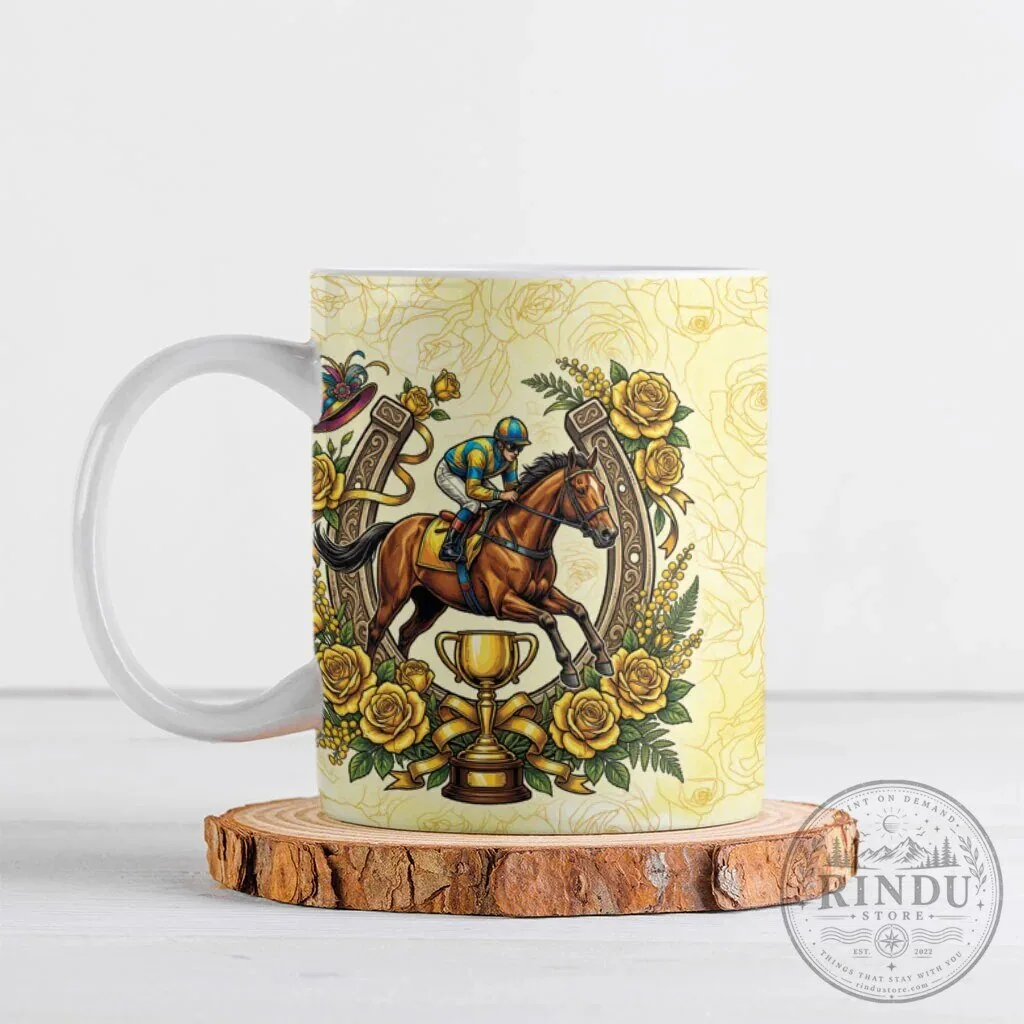 Melbourne Horse Race Ceramic Mug, Australian Floral Horseshoe Yellow Rose Design 1 Melbourne Horse Race Ceramic Mug, Australian Floral Horseshoe Yellow Rose Design