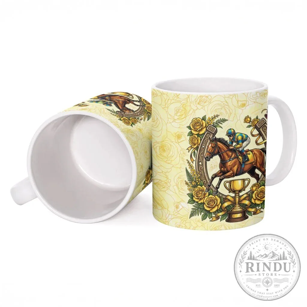 Melbourne Horse Race Ceramic Mug, Australian Floral Horseshoe Yellow Rose Design 11 Melbourne Horse Race Ceramic Mug, Australian Floral Horseshoe Yellow Rose Design