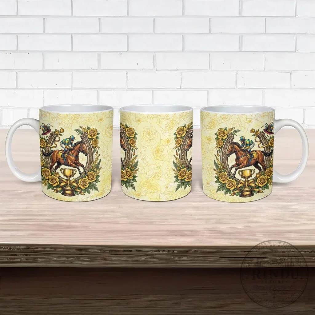 Melbourne Horse Race Ceramic Mug, Australian Floral Horseshoe Yellow Rose Design 13 Melbourne Horse Race Ceramic Mug, Australian Floral Horseshoe Yellow Rose Design