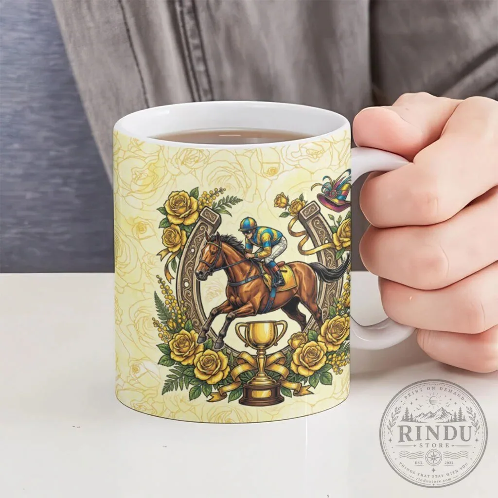 Melbourne Horse Race Ceramic Mug, Australian Floral Horseshoe Yellow Rose Design 14 Melbourne Horse Race Ceramic Mug, Australian Floral Horseshoe Yellow Rose Design